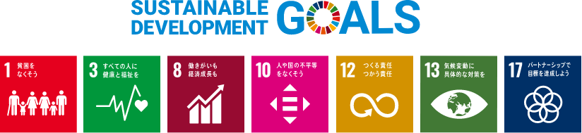 SDGsGOALS 1.貧困をなくそう、3.すべての人に健康と福祉を、8.働きがいも経済成長も、10.人や国の不平等をなくそう、12.つくる責任つかう責任、13.気候変動に具体的な対策を、17.パートナーシップで目標を達成しよう